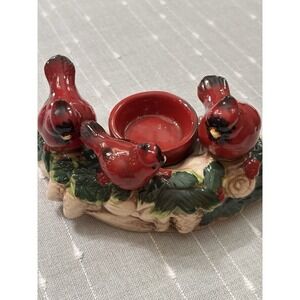 Tii Collections 3 Red Cardinals On Branch Tea Light Candle Holder Ceramic Xmas